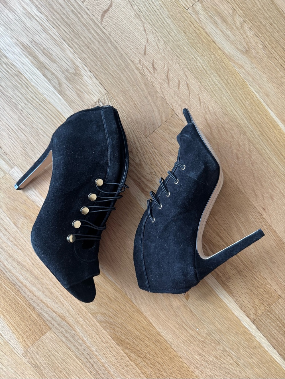 Karl Lagerfeld- Women's Black Suede Lace-Up Peep-Toe High Heels